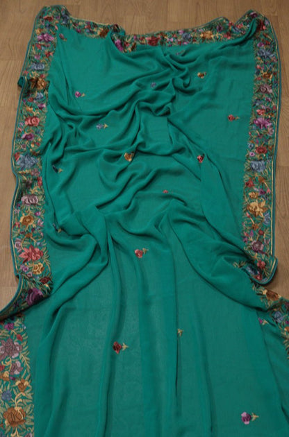 Green Hand Embroidered Parsi Gara Pure Georgette Floral Design Saree