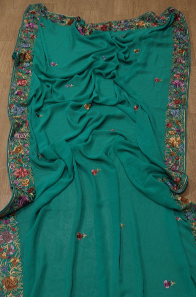 Green Hand Embroidered Parsi Gara Pure Georgette Floral Design Saree - Luxurion World