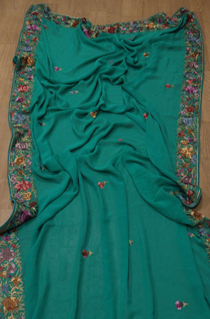 Green Hand Embroidered Parsi Gara Pure Georgette Floral Design Saree - Luxurion World