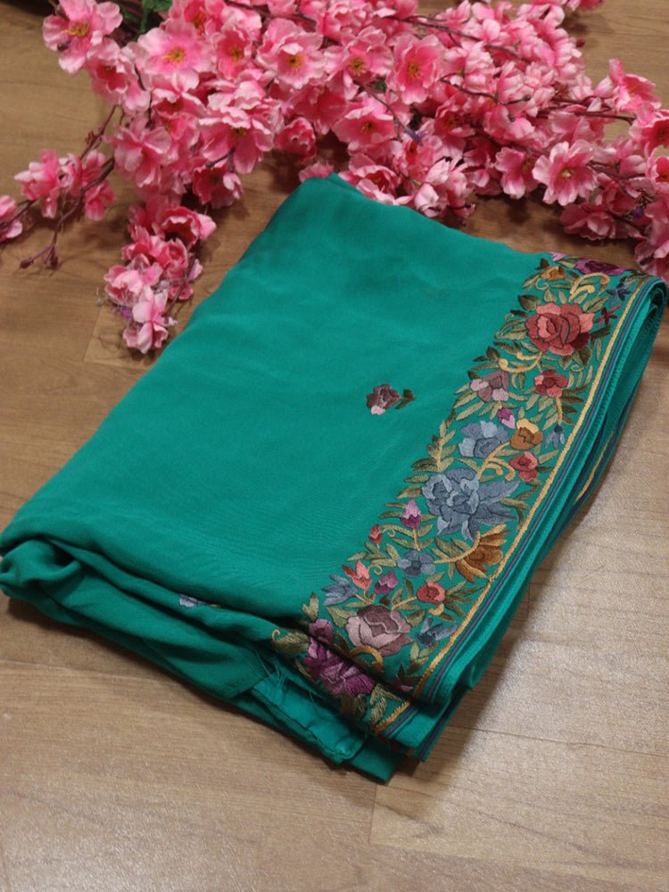 Green Hand Embroidered Parsi Gara Pure Georgette Floral Design Saree - Luxurion World