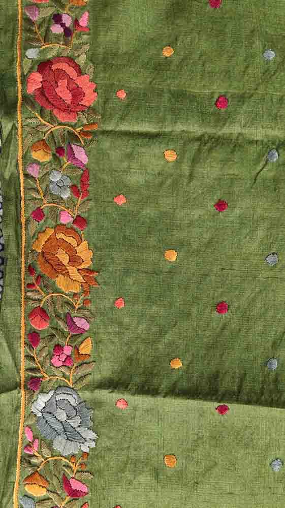 Green Hand Embroidered Parsi Gara Tussar Silk Saree