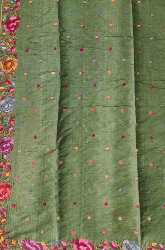 Green Hand Embroidered Parsi Gara Tussar Silk Saree - Luxurion World
