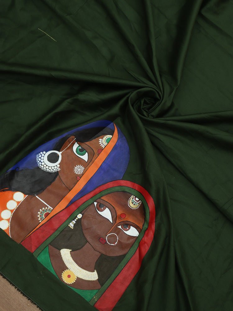 Green Hand Painted Cotton Satin Blouse Fabric ( 1 Mtr ) - Luxurion World