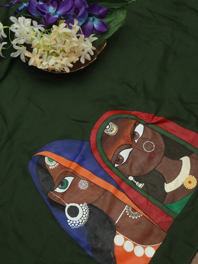 Green Hand Painted Cotton Satin Blouse Fabric ( 1 Mtr ) - Luxurion World
