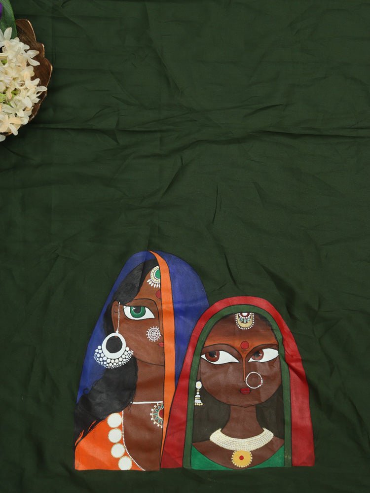 Green Hand Painted Cotton Satin Blouse Fabric ( 1 Mtr ) - Luxurion World
