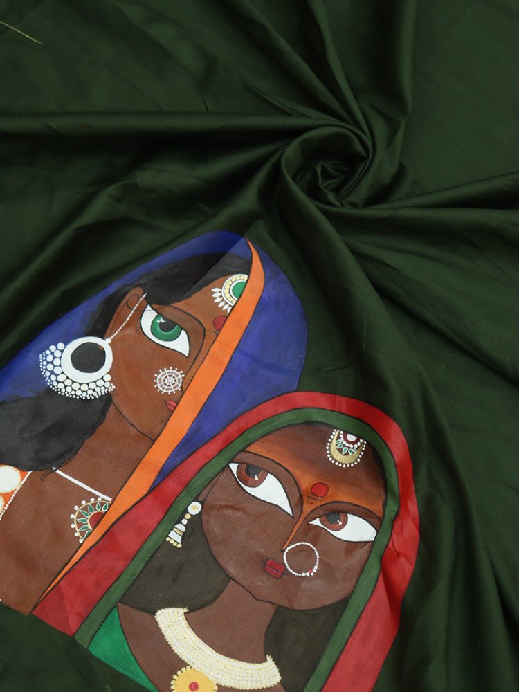 Green Hand Painted Cotton Satin Blouse Fabric ( 1 Mtr ) - Luxurion World