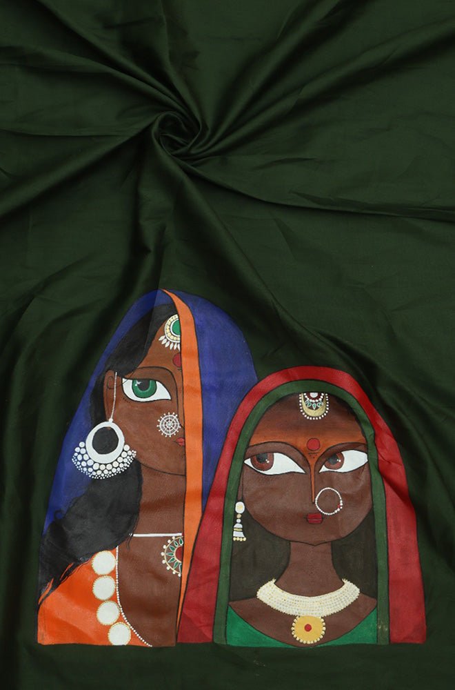 Green Hand Painted Cotton Satin Blouse Fabric ( 1 Mtr ) - Luxurion World