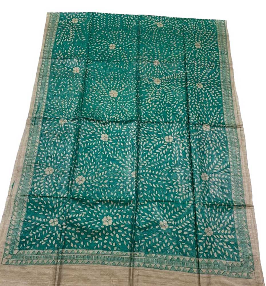 Green Hand Painted Madhubani Tussar Silk Saree - Luxurion World