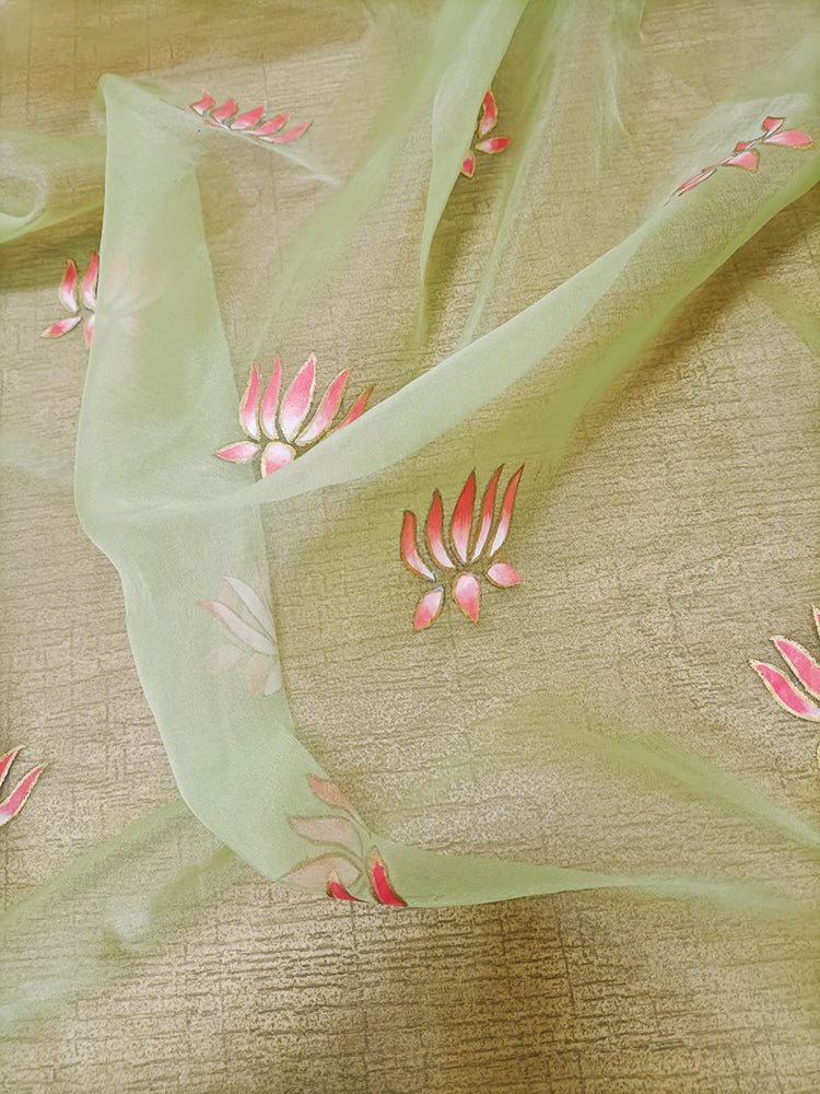Green Hand Painted Organza Lotus Design Fabric (1 Mtr) - Luxurion World