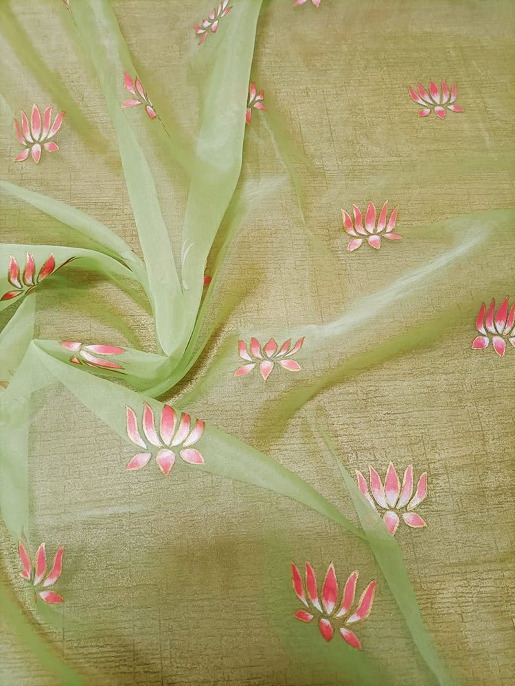 Green Hand Painted Organza Lotus Design Fabric (1 Mtr) - Luxurion World