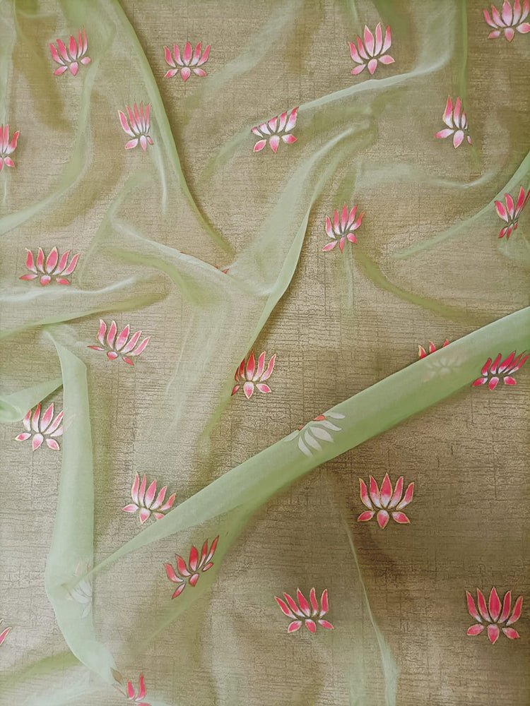 Green Hand Painted Organza Lotus Design Fabric (1 Mtr) - Luxurion World