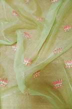 Green Hand Painted Organza Lotus Design Fabric (1 Mtr) - Luxurion World