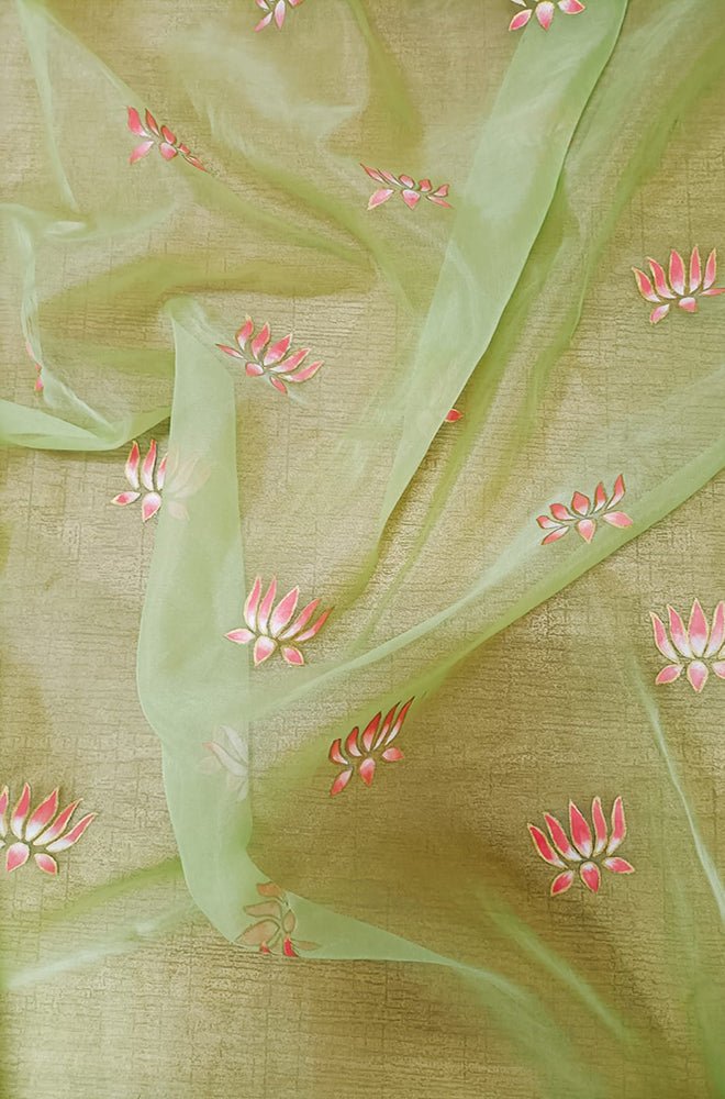 Green Hand Painted Organza Lotus Design Fabric (1 Mtr) - Luxurion World