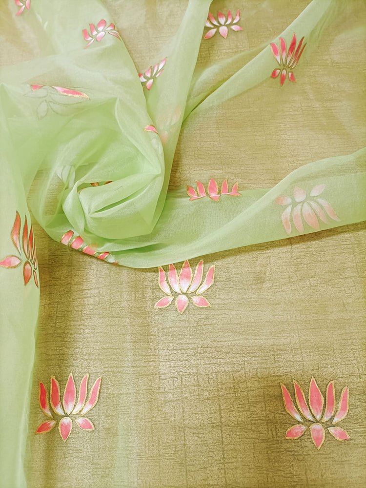 Green Hand Painted Organza Lotus Design Fabric (1 Mtr) - Luxurion World