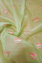 Green Hand Painted Organza Lotus Design Fabric (1 Mtr) - Luxurion World