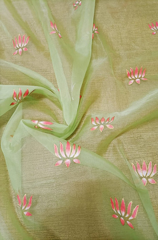 Green Hand Painted Organza Lotus Design Fabric (1 Mtr) - Luxurion World