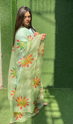 Green Hand Painted Organza Silk Scalloped Border Dupatta - Luxurion World