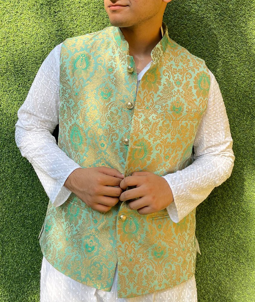 Green Handloom Banarasi Kimkhwab Nehru Jacket - Luxurion World