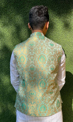 Green Handloom Banarasi Kimkhwab Nehru Jacket - Luxurion World