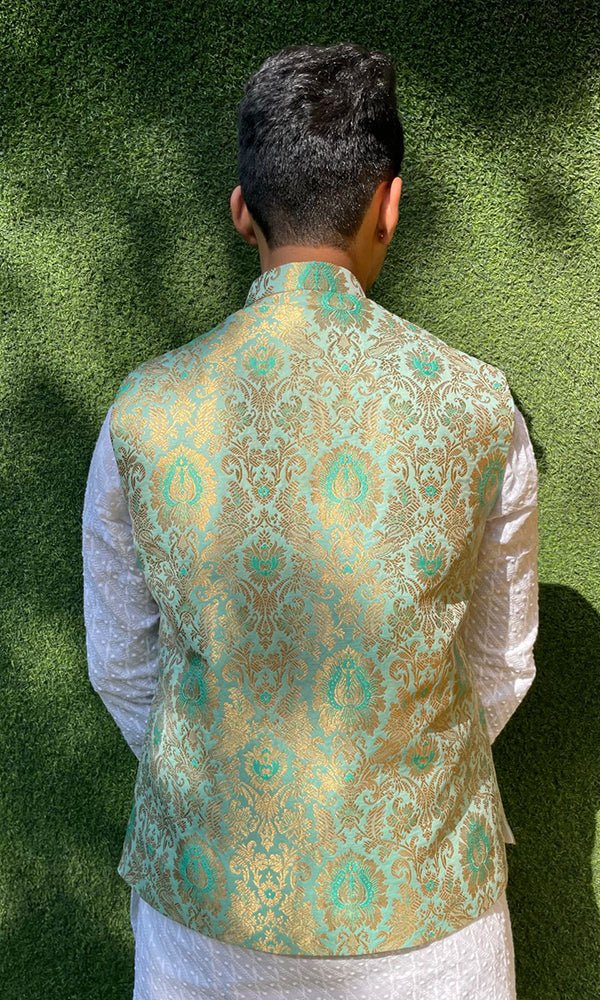 Green Handloom Banarasi Kimkhwab Nehru Jacket - Luxurion World