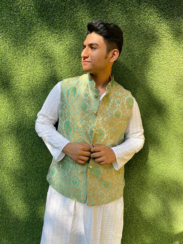 Green Handloom Banarasi Kimkhwab Nehru Jacket - Luxurion World