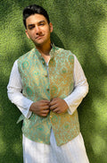 Green Handloom Banarasi Kimkhwab Nehru Jacket - Luxurion World