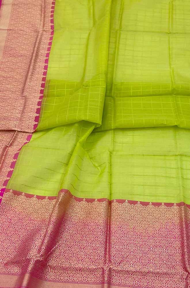 Green Handloom Banarasi Kora Organza Silk Saree - Luxurion World