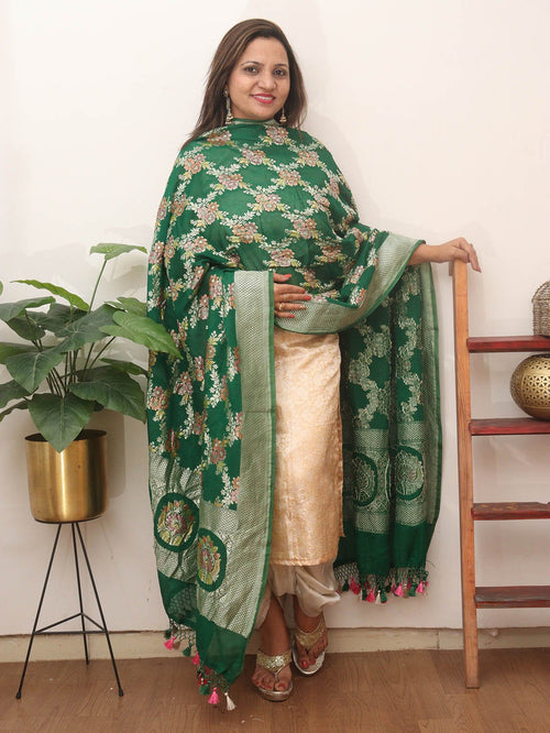 Green Handloom Banarasi Pure Georgette Brush Dye Dupatta - Luxurion World