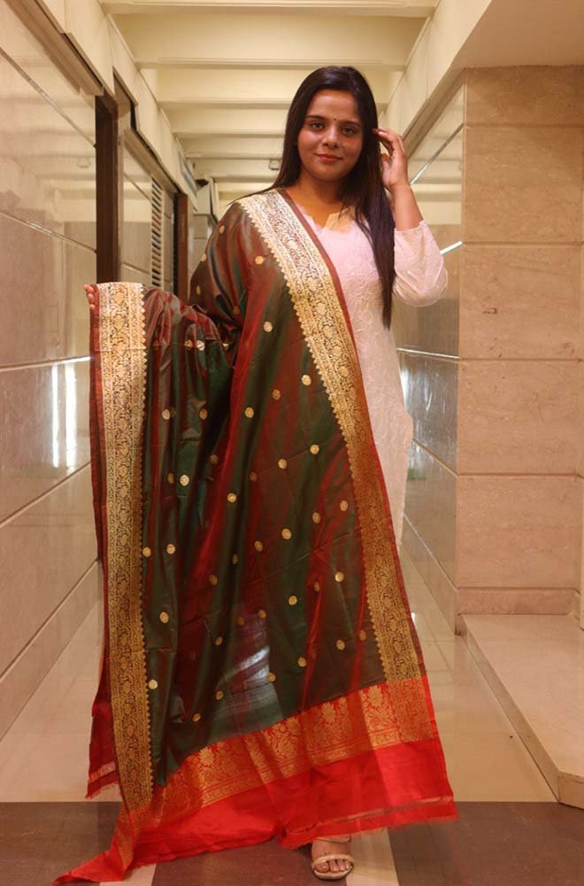 Green Handloom Banarasi Pure Katan Silk Dupatta - Luxurion World