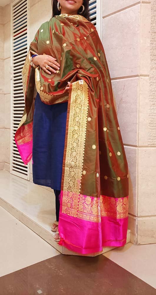 Green Handloom Banarasi Pure Katan Silk Dupatta - Luxurion World