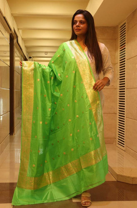 Green Handloom Banarasi Pure Katan Silk Dupatta - Luxurion World