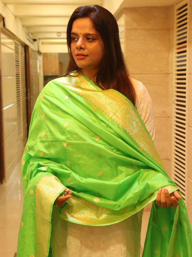 Green Handloom Banarasi Pure Katan Silk Dupatta - Luxurion World