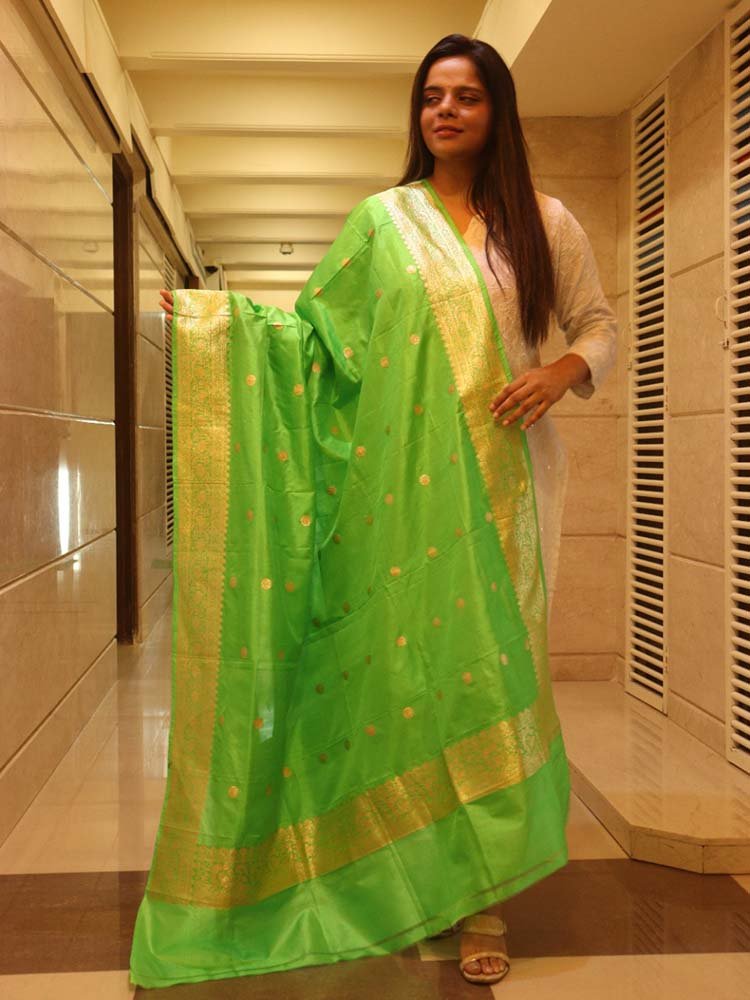 Green Handloom Banarasi Pure Katan Silk Dupatta - Luxurion World