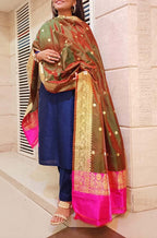 Green Handloom Banarasi Pure Katan Silk Dupatta - Luxurion World
