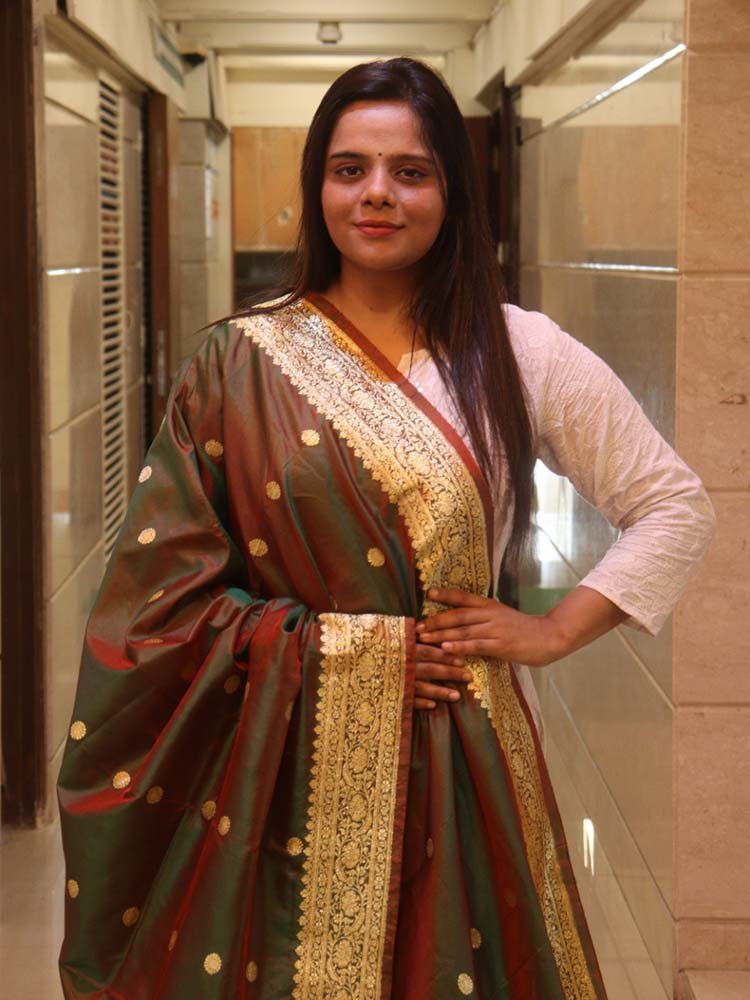 Green Handloom Banarasi Pure Katan Silk Dupatta - Luxurion World