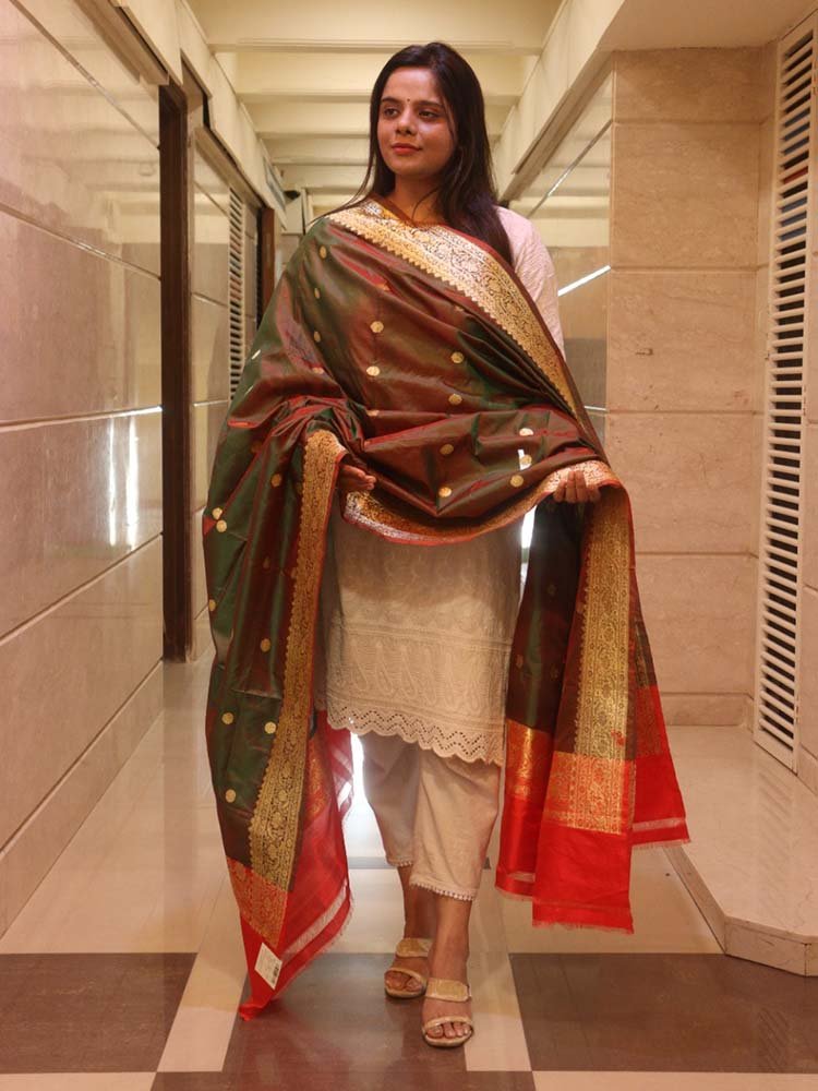 Green Handloom Banarasi Pure Katan Silk Dupatta - Luxurion World