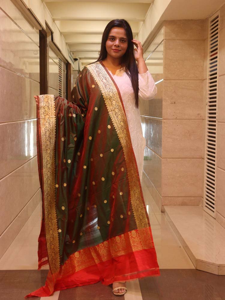 Green Handloom Banarasi Pure Katan Silk Dupatta - Luxurion World