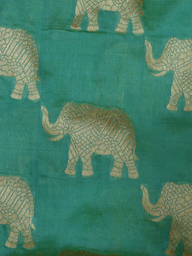 Green Handloom Banarasi Pure Katan Silk Elephant Design Fabric (1 Mtr) Luxurionworld