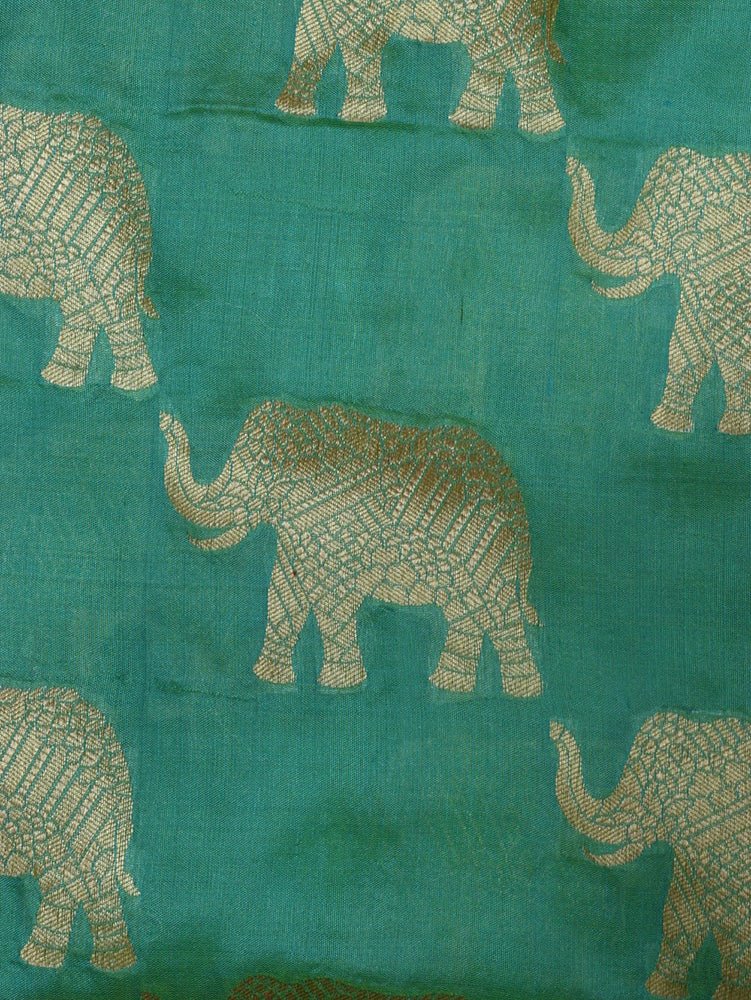 Green Handloom Banarasi Pure Katan Silk Elephant Design Fabric (1 Mtr) - Luxurion World