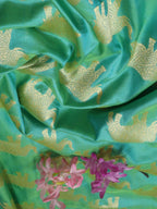 Green Handloom Banarasi Pure Katan Silk Elephant Design Fabric (1 Mtr) - Luxurion World