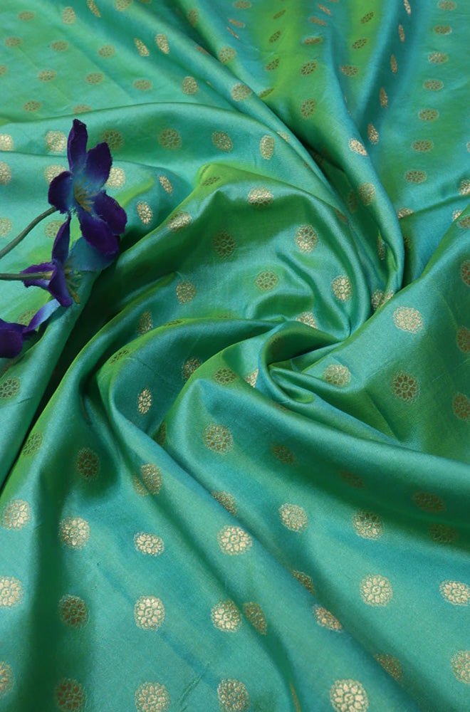 Green Handloom Banarasi Pure Katan Silk Fabric (1Mtr) - Luxurion World