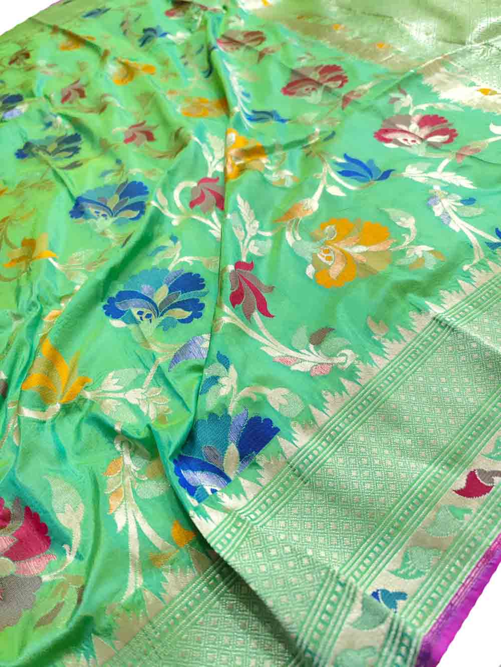 Green Handloom Banarasi Pure Katan Silk Meenakari Dupatta - Luxurion World