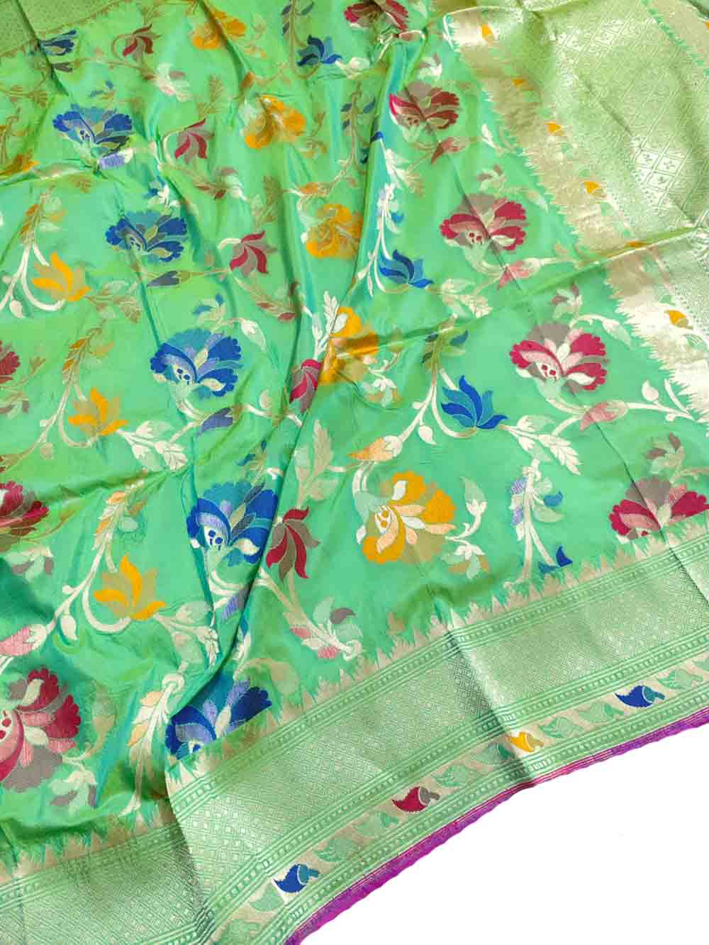 Green Handloom Banarasi Pure Katan Silk Meenakari Dupatta - Luxurion World