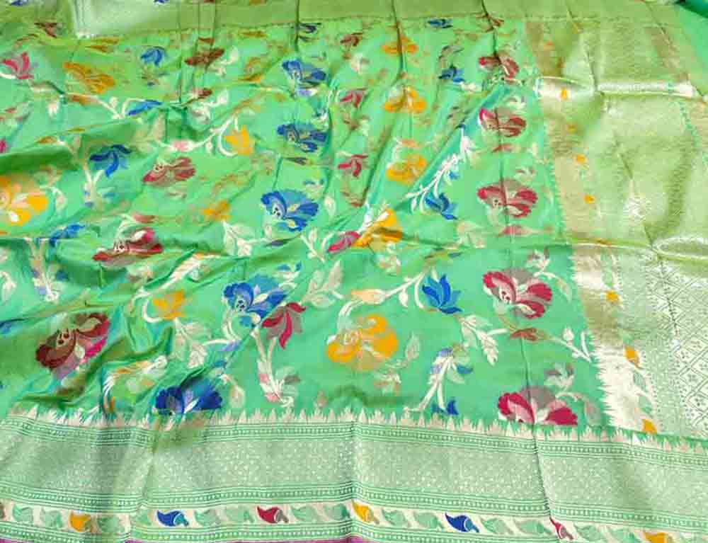 Green Handloom Banarasi Pure Katan Silk Meenakari Dupatta - Luxurion World
