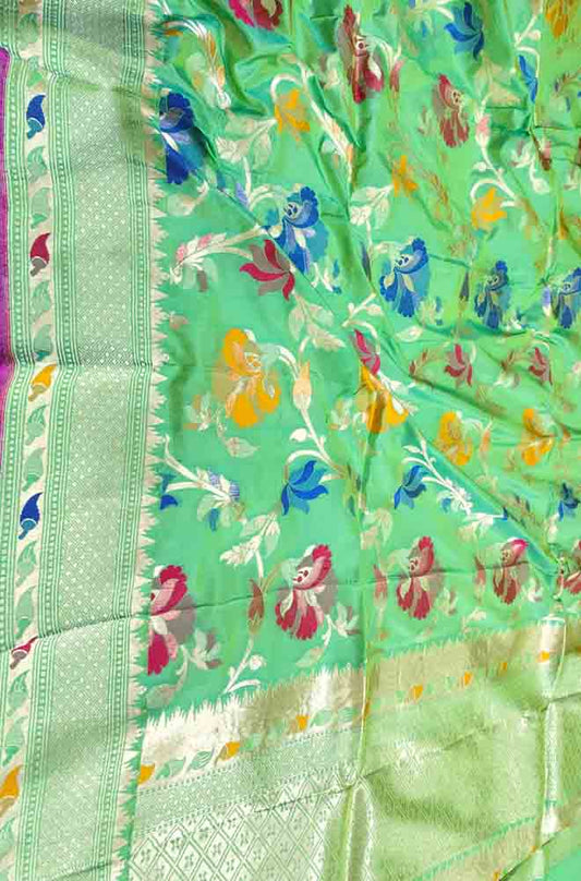 Green Handloom Banarasi Pure Katan Silk Meenakari Dupatta - Luxurion World