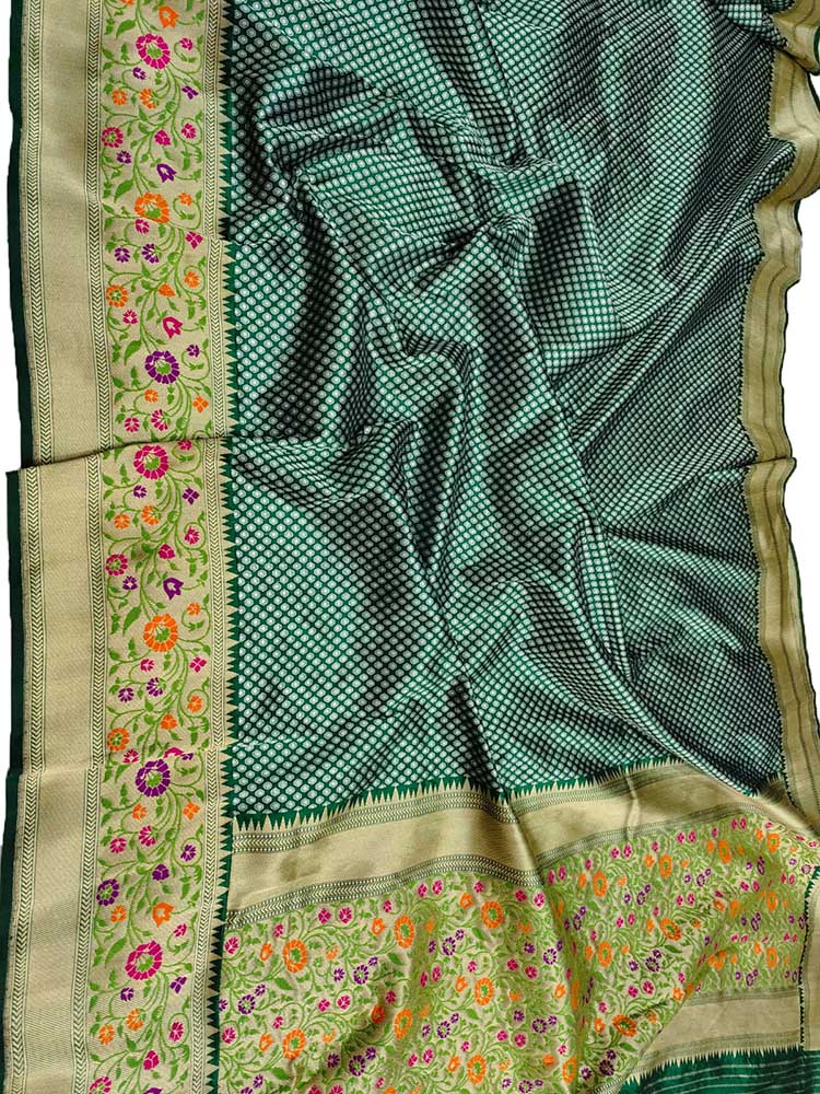 Green Handloom Banarasi Pure Katan Silk Meenakari Saree - Luxurion World