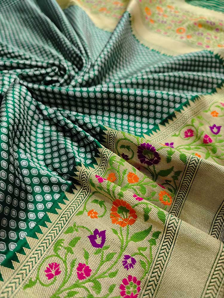Green Handloom Banarasi Pure Katan Silk Meenakari Saree - Luxurion World