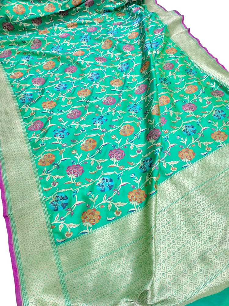 Green Handloom Banarasi Pure Katan Silk Saree - Luxurion World