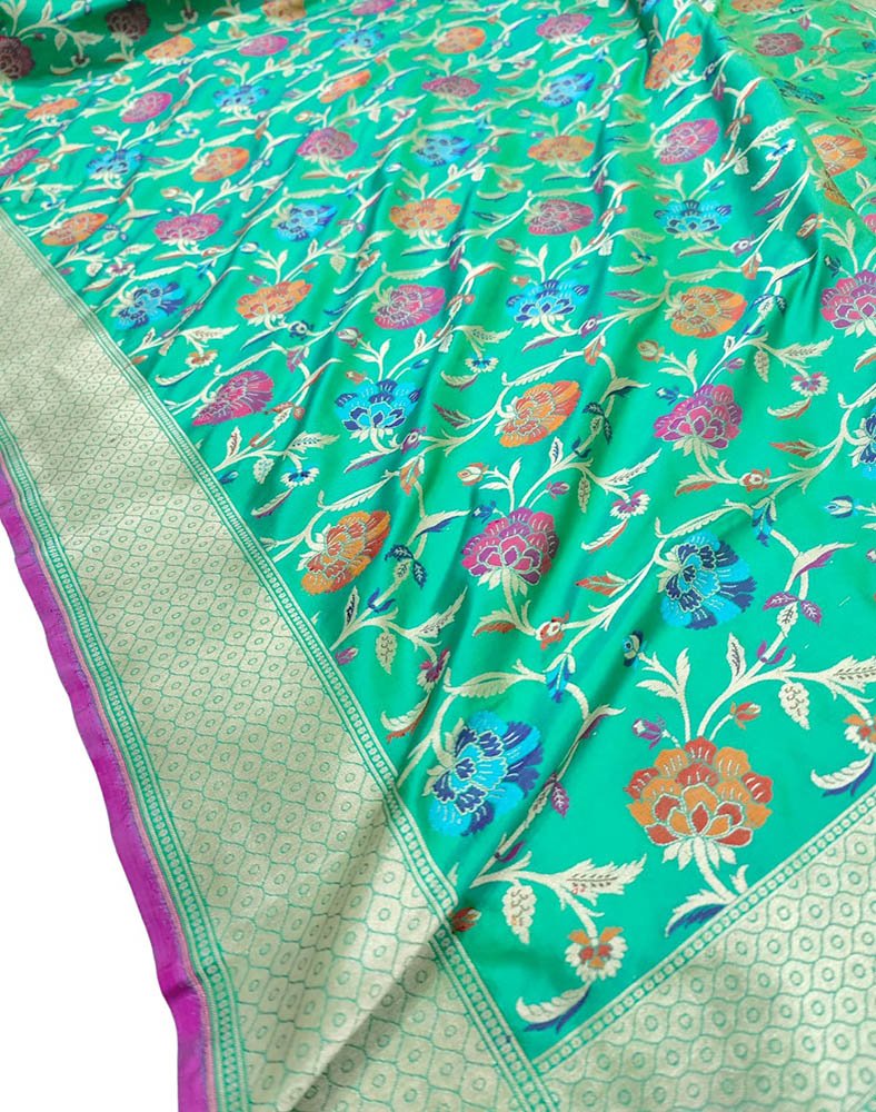 Green Handloom Banarasi Pure Katan Silk Saree - Luxurion World