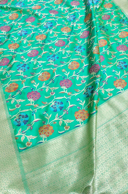Green Handloom Banarasi Pure Katan Silk Saree - Luxurion World
